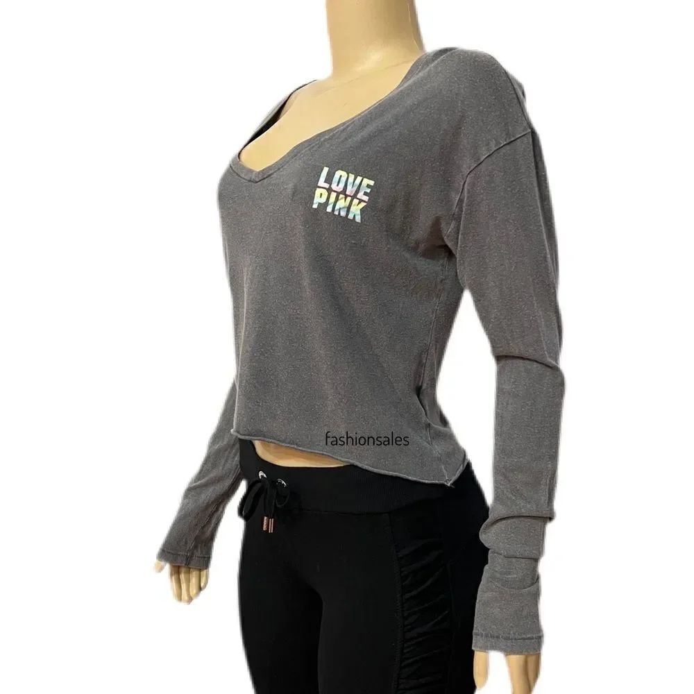 Victoria’s Secret PINK long sleeve V-neck Lightweight Crop tee shirt top gray